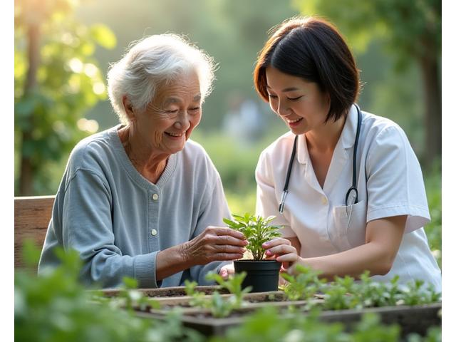 病院の庭で植物に水をやる患者と園芸療法士