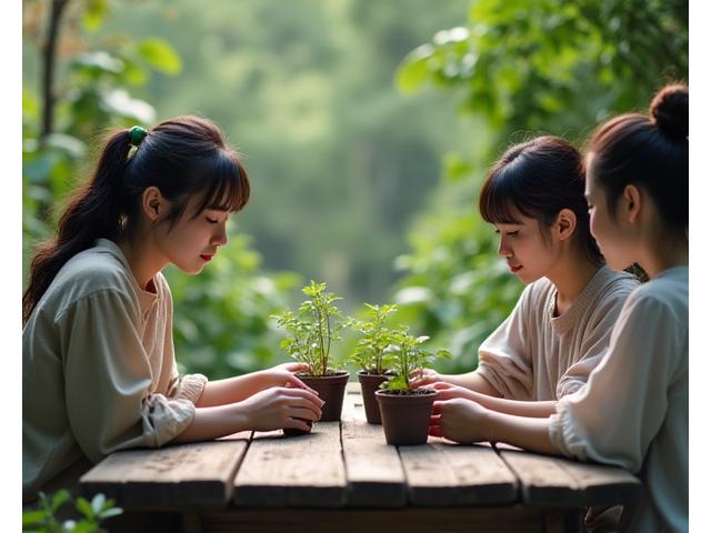 グループセラピーセッションで植物を植える人々