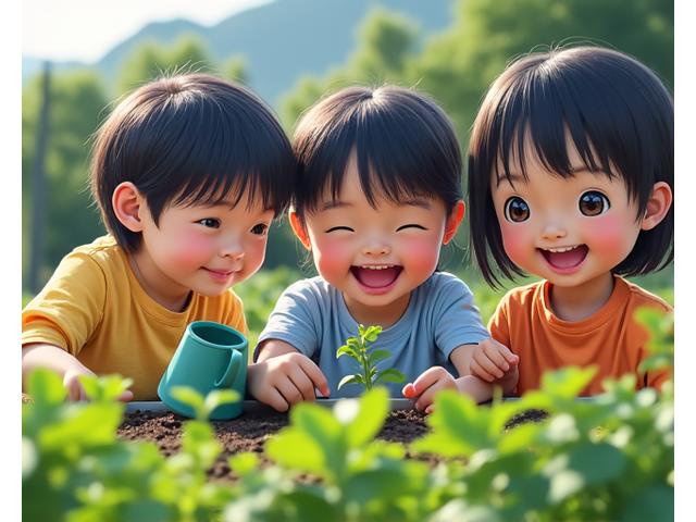 学校の庭で植物の世話をする子供たち