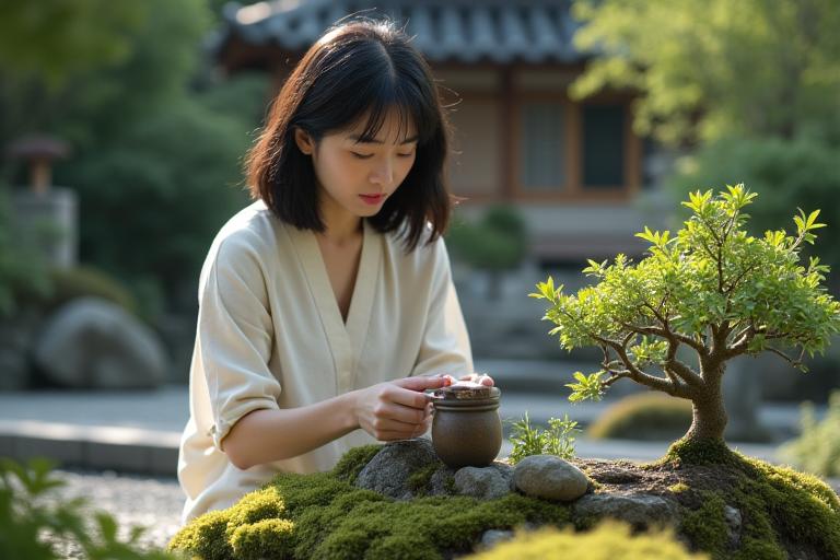 日本の庭園で瞑想するように植物に水をやる女性