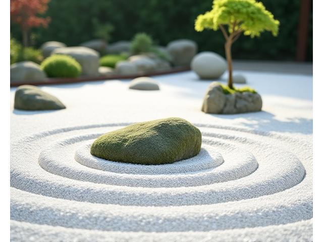 丁寧に配置された石と熊手でならされた砂利が美しい日本の石庭。