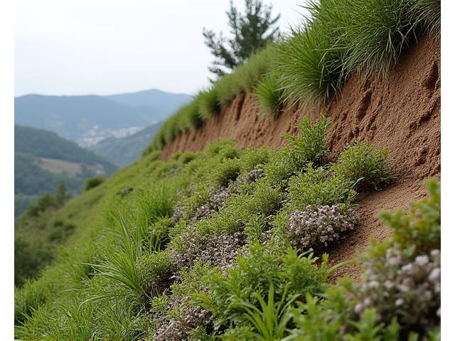 段々畑状の植物と自然の岩石要素で安定させた、急な緑の斜面。