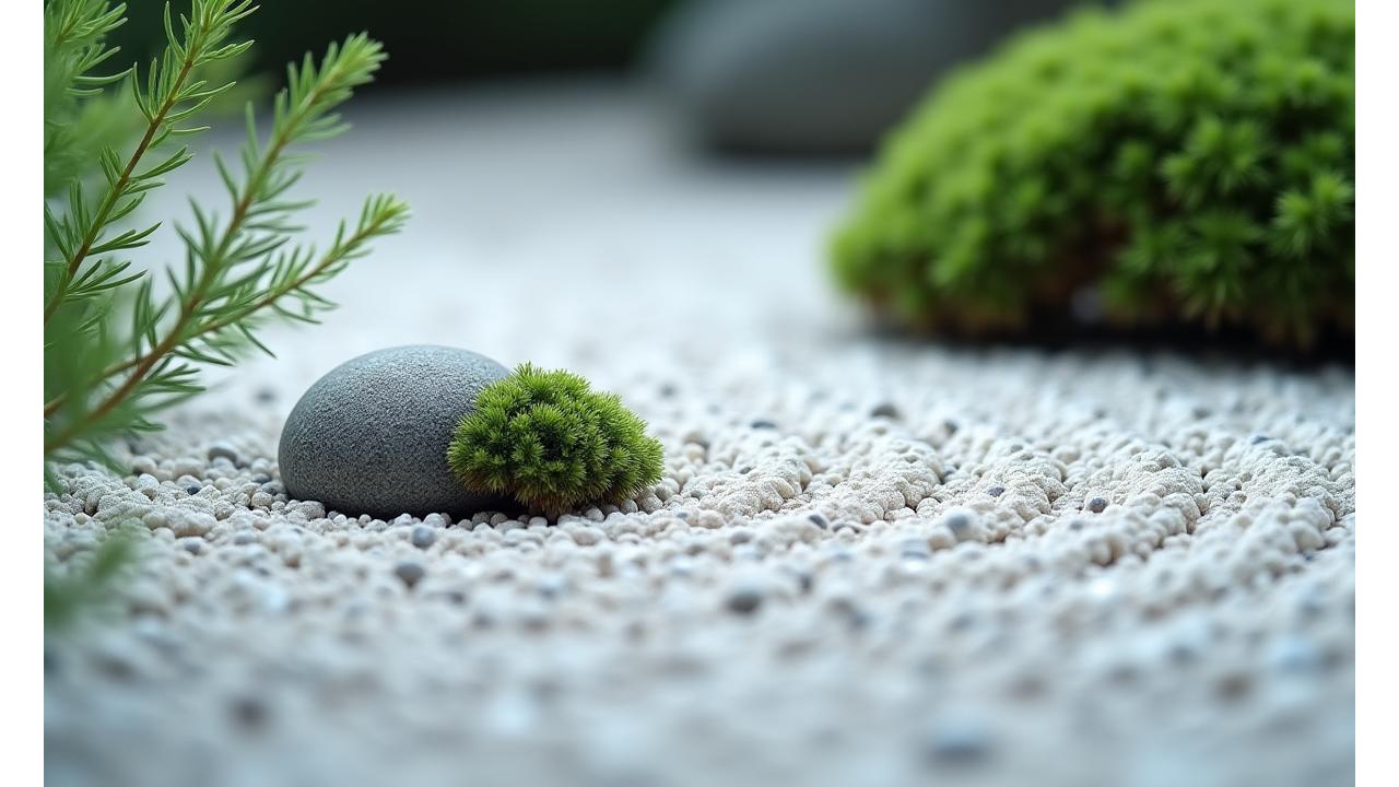 伝統的な日本の石庭にある、丁寧に配置された石とミニチュア植物の詳細なクローズアップ。
