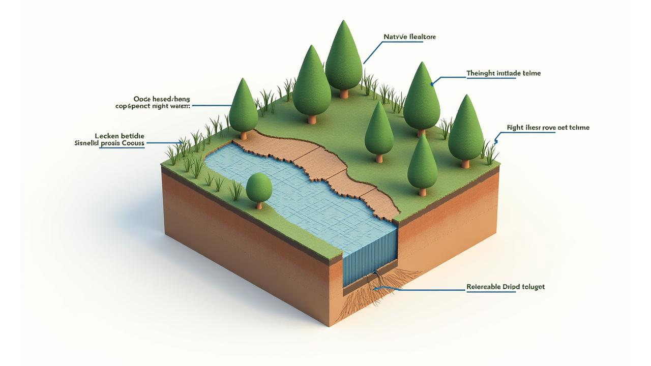 ゼロスケープガーデンにおける水の流れと植物の配置を示す図。