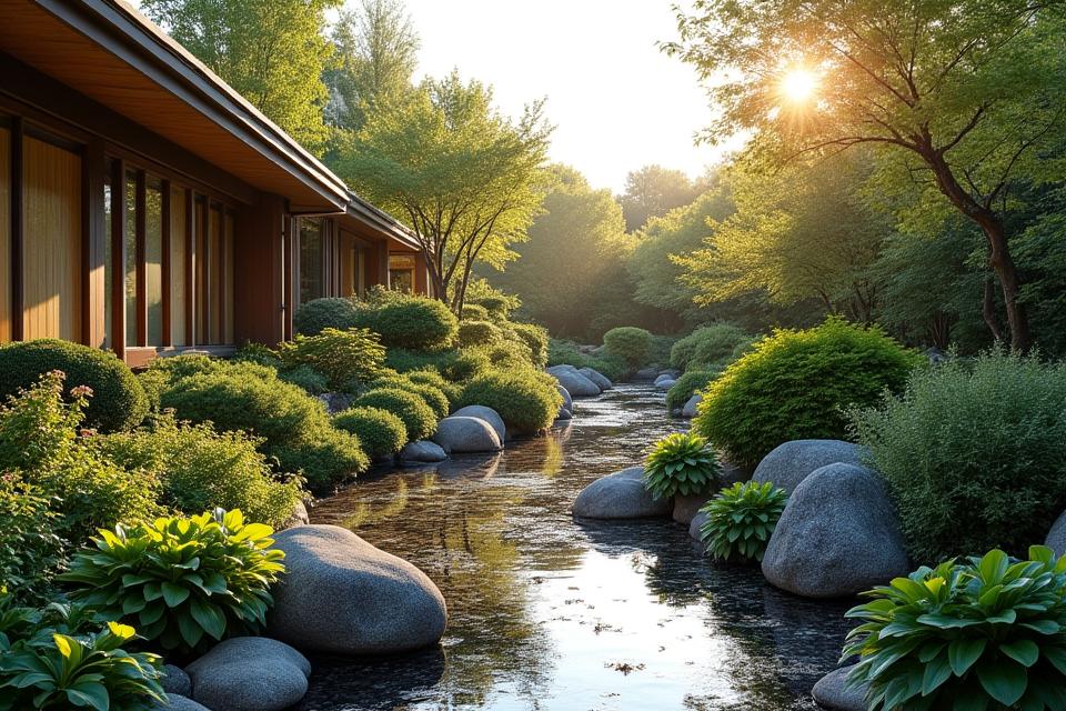 現代の東京を背景に、節水の設計原則を示す美しく繁茂したゼロスケープガーデン。