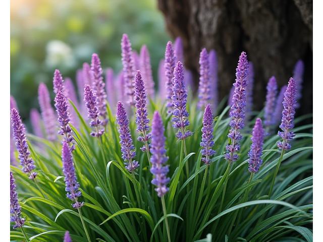 紫色の花穂を持つ、一般的な草のような植物ヤブラン（リリオペ・ムスカリ）。