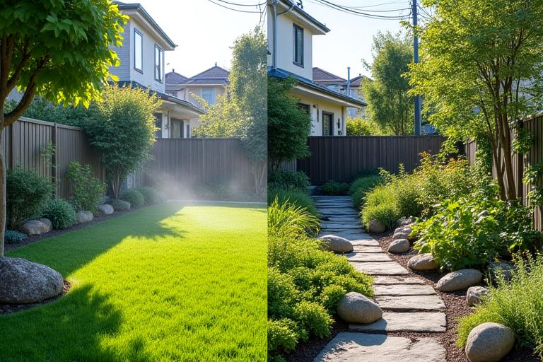 東京の住宅庭園が節水型のゼロスケープに変貌する前後の写真。
